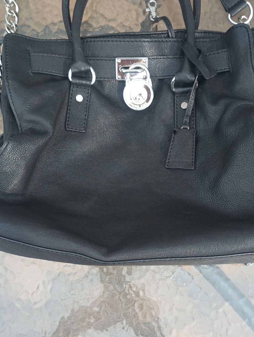 Michael Kors Black Leather Tote Handbag with Silver Hardware